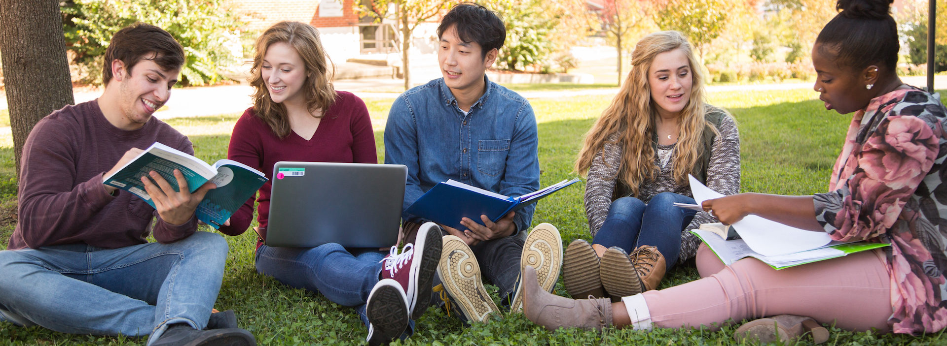 Diverse group of students study together outdoors.