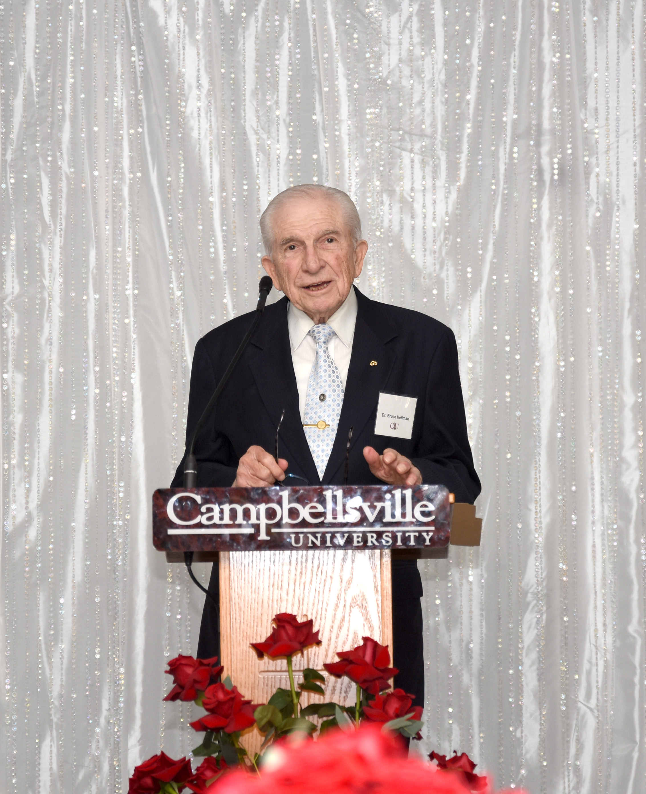 Dr. E. Bruce Heilman, Campbellsville University 1949 alumnus and CU Board of Trustees member, was the guest speaker. (CU Photo by Joshua Williams)