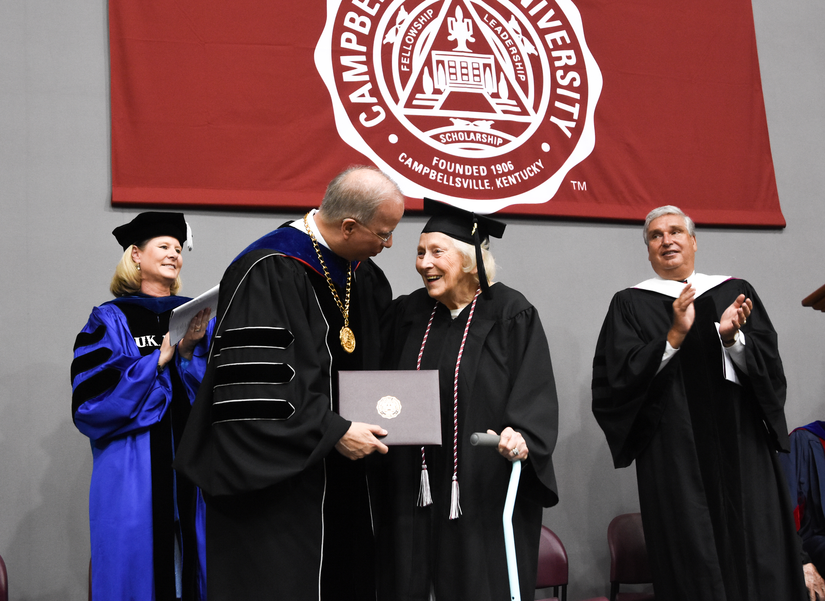 Katherine Mumaw Nally, 88, of Louisville, Ky., graduates with a Liberal Arts and Science degree, during the 9 a.m. commencement at Campbellsville University. She was recently named Courier-Journal Mother of the Year. (Campbellsville University Photo by Joshua Williams)