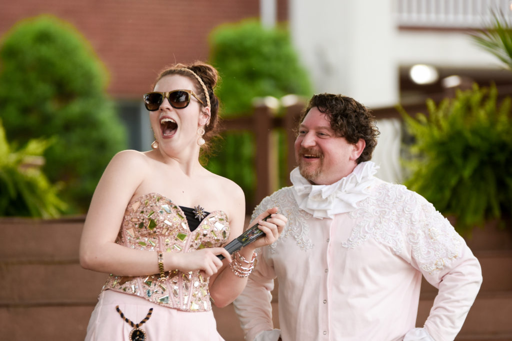 From left, Hollie Nall of Elizabethtown, Ky. plays Maria with Jonathan Hieneman of Campbellsville as Sir Toby in “Shakespeare’s Under the Stars: Twelfth Night” play at Campbellsville University. The comedy runs May 17-19 at 8 p.m. on Stapp Lawn. (Campbellsville University Photo by Joshua Williams)