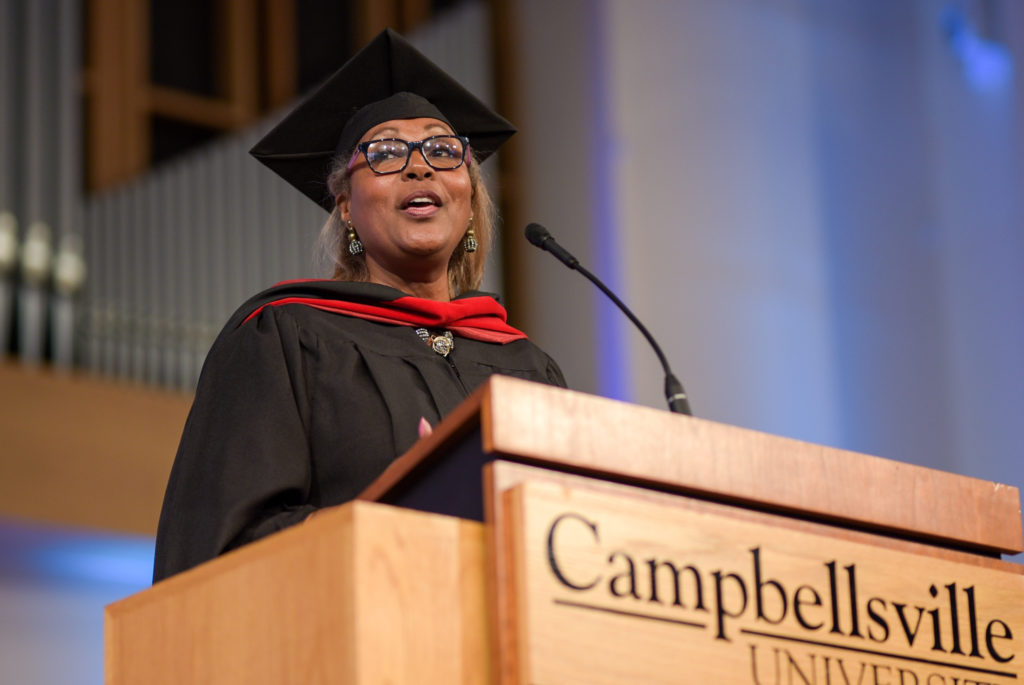 Deborah Thomas of Louisville, Ky., responses to the charge, during the university’s first August commencement at Campbellsville University. (Campbellsville University Photo by Joshua Williams)
