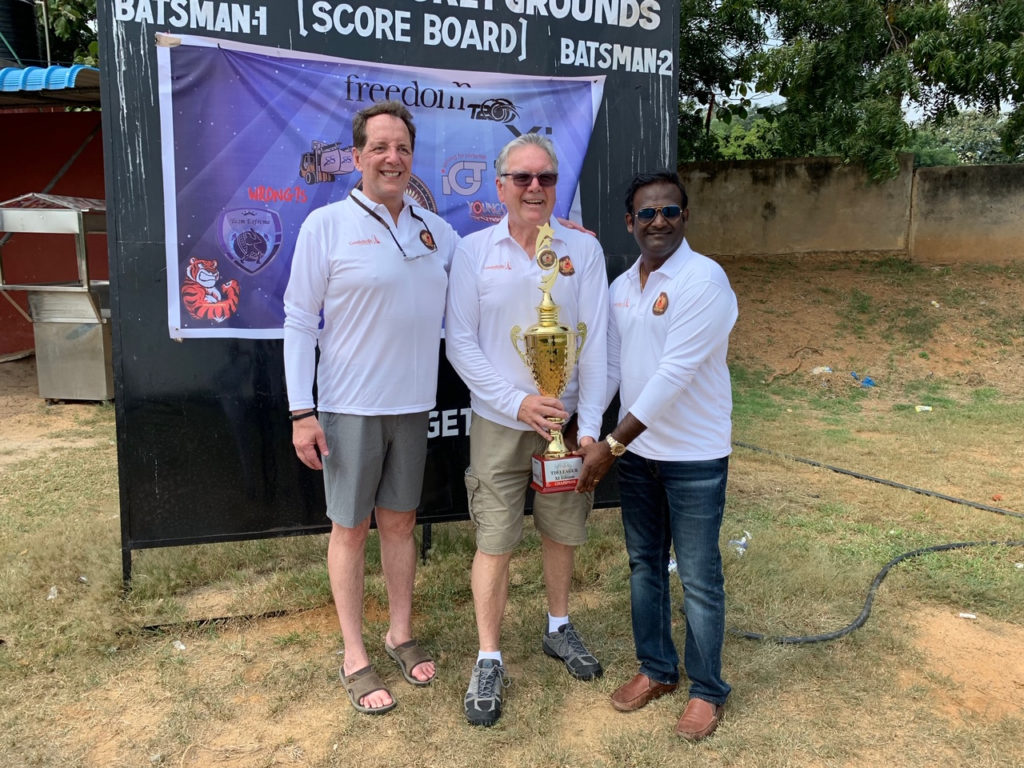 Professors Eric Harter (L) and Anil Palla (R) VP Keith Spears (C) join in the CU sponsorship of the Freedom Cricket Tournament in Hyderabad, India.