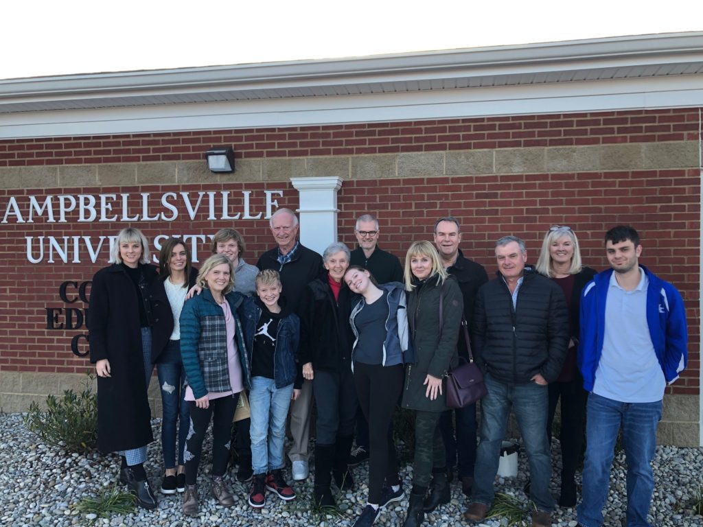 Bob and Sandy DeFoor stand with their family at Campbellsville University's Conover Education Center in Harrodsburg. 