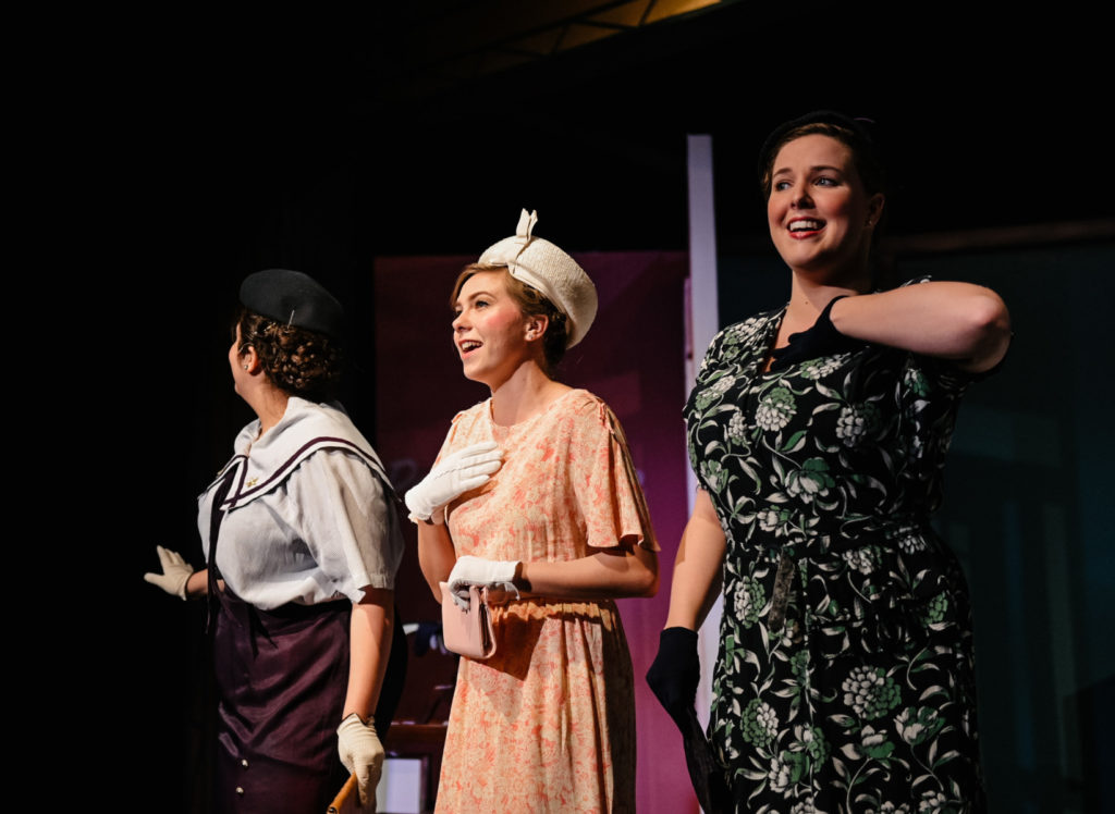 Nour A. Awamleh, Holly Jo Evans and Lauryn Littlejohn perform in the 2019 Homecoming play "She Loves Me." (Campbellsville University Photo by Joshua Williams)