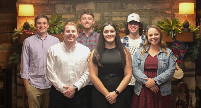 Students honored at the School of Theology graduate reception include from left: Front row--Kaden Dickerson, Hannah Sanders and Hannah Greenfield. Back row--Hunter Underwood, Micah Lauer and Trevin Morris. (Campbellsville University Photo by Avary Randall)