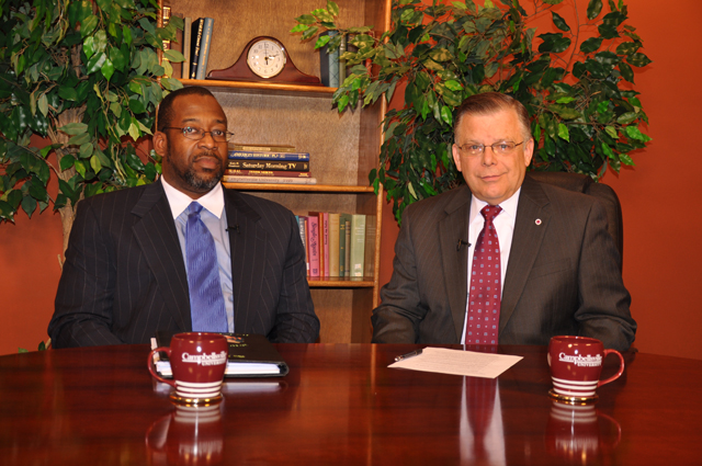 Ben Johnson, left, Charlotte, N.C., regional office of the U.S. Census Bureau, team leader for the Commonwealth of Kentucky, was a guest on Campbellsville University’s “Dialogue on Public Issues” hosted by John Chowning, vice president for church and external relations and executive assistant to the president. The show will air on WLCU TV-4, Comcast Cable Channel 10, Sunday, Dec. 6, at 8 a.m.; Monday, Dec. 7, at 1:30 p.m. and 6:30 p.m.; and Wednesday, Dec. 9, at 1:30 p.m. and 7 p.m. (Campbellsville University Photo by Bayarmagnai “Max” Nergui)
