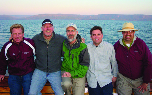 On a boat on the Sea of Galilee are CU faculty from left: Dr. Ted Taylor, Dr. Scott Wigginton, Dr. John Hurtgen, Dr. Shane Garrison and Dr. Dwayne Howell.
