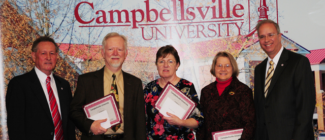  Campbellsville University employees who were honored for 30 years of service with Dr. Frank Cheatham, vice president for academic affairs, far left, and Dr. Michael V. Carter, president, far right, include from left: Dr. Wesley Roberts, Julie Caldwell and Linda J. Cundiff. (Campbellsville University Photo by Christina Kern)