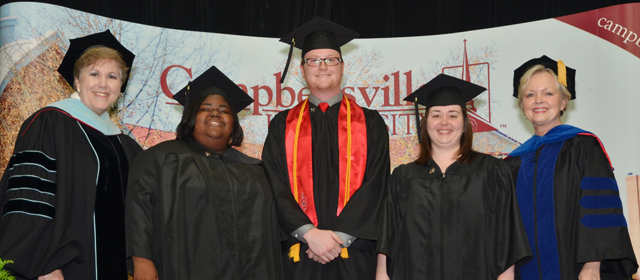CU students receiving 5-12, middle/secondary education, were from left: Jasmine Barnett, Zachary Smith and Lee Anna VanDyke. Dr. Brenda Priddy, dean of the School of Education, is at far left, and Dr. Beverly Ennis, associate professor of education, is at far right. (Campbellsville University Photo by Joan C. McKinney)