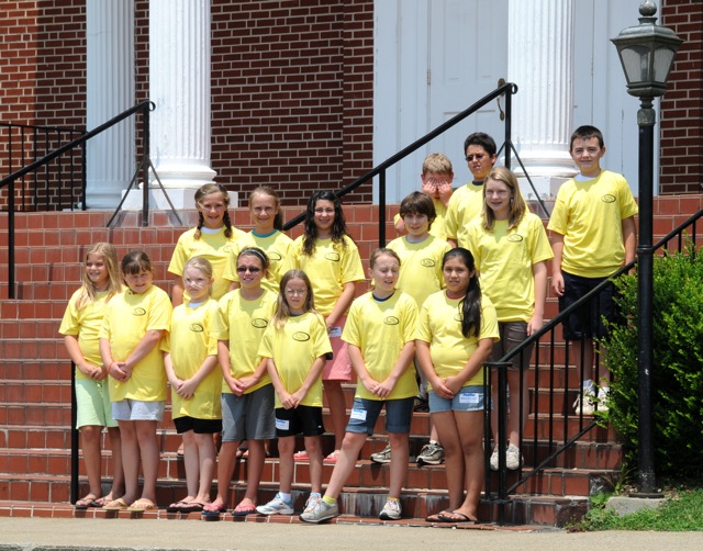 Albany Kids College, grades five through eight, are pictured on the steps of the Albany First Baptist Church. Unless noted otherwise, all students are from Clinton County. The students in this group are, first row, from left: Molly Dalton from Monticillo; Christy Sidwell, Callie Copeland, Kaitlin Cross, Kacey Wade, Hannah Neal, Mildred Dominguez. Row two: Macy Campbell, Keilee Dalton, Danielle Dalton, Jed Randolph, Kelsie Hickman. Row three: Matthew Hunter, Takota Dalton and Brett York from Monticillo. (CU Photo by Linda Waggener)