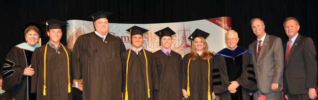 Students in 8-12, secondary education at Campbellsville University are from left: Front row -- Dr. Brenda Priddy, Terry Caven, Cody McNeal, Blake Milby, Chase Padgett and Hanna Williams with Dr. Robert VanEst, Dr. Michael V. Carter and Dr. Frank Cheatham at far right. (Campbellsville University Photo by Joan C. McKinney)