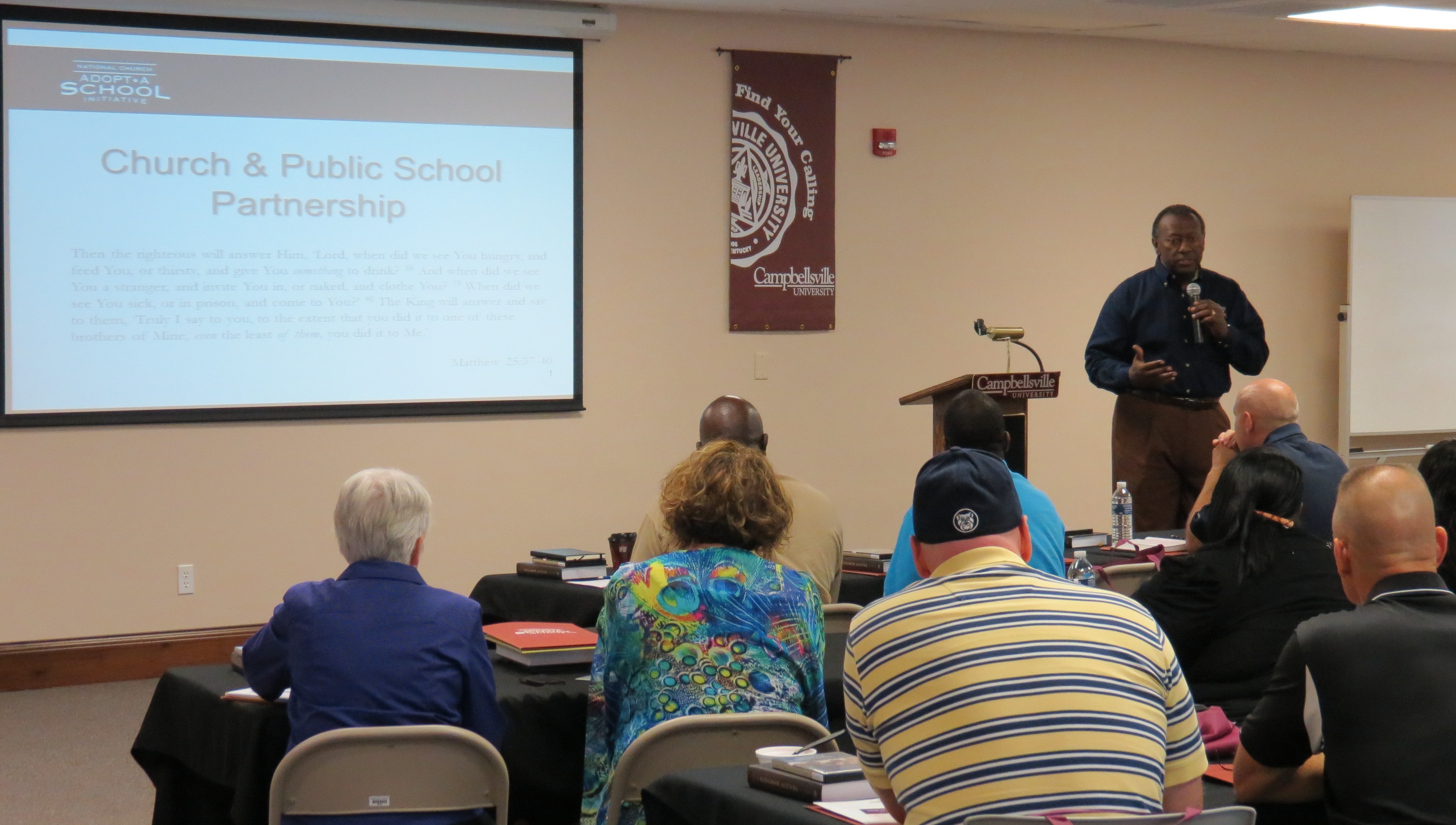 Bill Collins, vice president for The Urban Alternative, speaks to church and community leaders about church and public school partnership during the National Church Adopt-a-School Initiative workshop held at Campbellsville University’s Louisville Education Center.