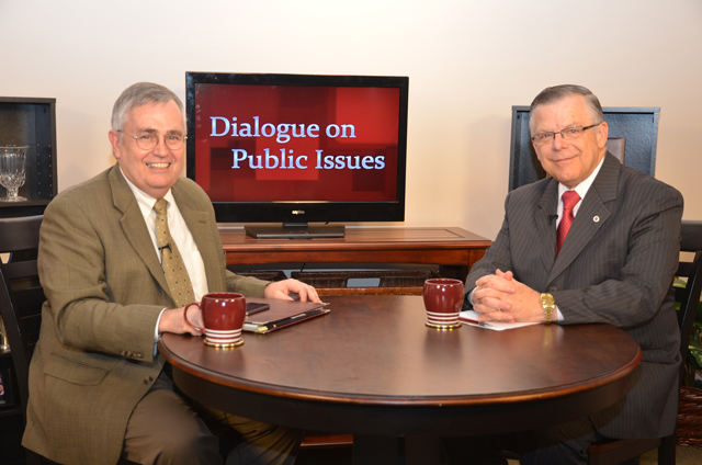 CAMPBELLSVILLE, Ky. -- Campbellsville University’s John Chowning, vice president for church and external relations and executive assistant to the president, right, interviews Al Cross, director of the Institute for Rural Journalism and Community Issues at the University of Kentucky, on his “Dialogue on Public Issues” show on Campbellsville University’s WLCU-TV. The show will air Sunday, Oct. 21 at 8 a.m.; Monday, Oct. 22 at 1:30 p.m. and 6:30 p.m.; Tuesday, Oct. 23 at 1:30 p.m. and 6:30 p.m.; Wednesday, Oct. 24 at 1:30 p.m. and 6:30 p.m.; Thursday, Oct. 25 at 8 p.m.; and Friday, Oct. 26 at 8 p.m. The show is aired on Campbellsville’s cable channel 10 and is also aired on WLCU FM 88.7 at 8 a.m. Sunday, Oct. 21. (Campbellsville University Photo by Joan C. McKinney)