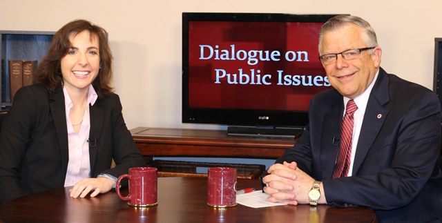 Dr. John Chowning, vice president for church and external relations and executive assistant to the  president of Campbellsville University, right, interviews Allison Ball, candidate for Kentucky state treasurer, for his “Dialogue on Public Issues” show. 