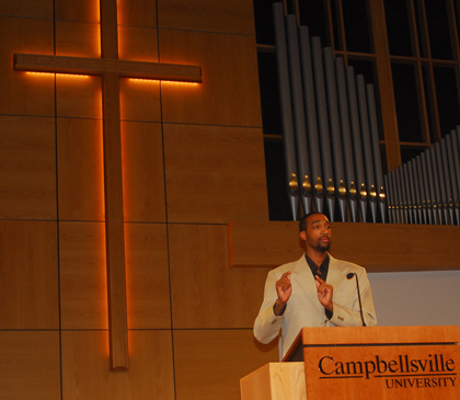 Andre Morton of Vine Grove, Ky., preaches at Ransdell Chapel. (Campbellsville University Photo by Joan C. McKinney)