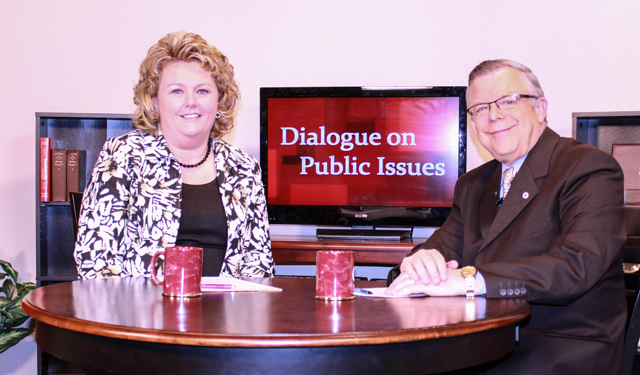 Dr. John Chowning, vice president for church and external relations and executive assistant to the president of Campbellsville University, right, interviews Angie Atwood, assistant professor of nursing, for his “Dialogue on Public Issues” show. 