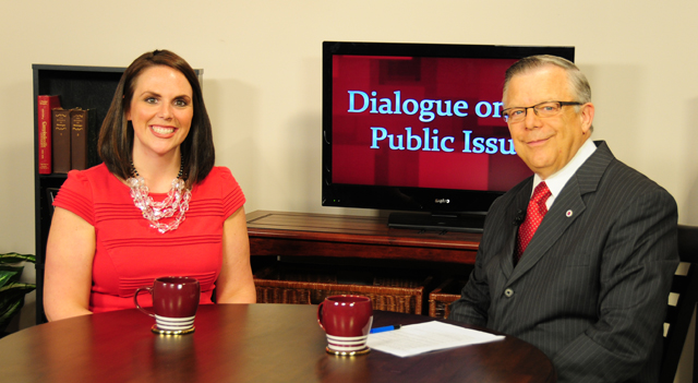 Campbellsville University’s John Chowning, vice president for church and external relations and executive assistant to the president of CU, right, interviews Ashli Watts, manager of public affairs with the Kentucky Chamber of Commerce, for his “Dialogue on Public Issues” show.