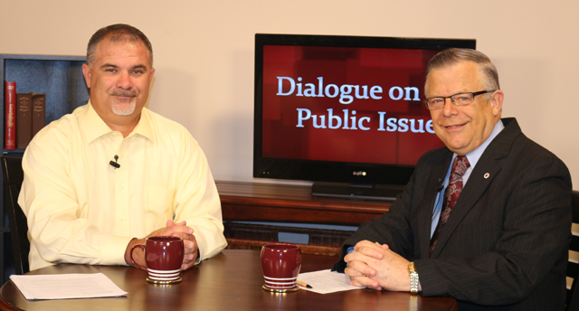 Dr. John Chowning, vice president for church and external relations and executive assistant to the president of Campbellsville University, right, interviews Kentucky State Rep. John “Bam”  Carney, who represents House District 51, which includes Taylor and Adair counties, for his  “Dialogue on Public Issues” show. 