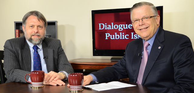 Campbellsville University’s John Chowning, vice president for church and external relations and executive assistant to the president of CU, right, interviews Doug Bandow, senior fellow with The Cato Institute, on WLCU TV for the “Dialogue on Public Issues” show. The show will air Sunday, March 4 at 8 a.m.; Monday, March 5 at 1:30 p.m. and 6:30 p.m.; Tuesday, March 6 at 1:30 p.m. and 6:30 p.m.; Wednesday, March 7 at 1:30 p.m. and 6:30 p.m.; Thursday, March 8 at 8 p.m.; and Friday, March 9 at 8 p.m. The show is aired on Campbellsville’s cable channel 10 and is also aired on WLCU FM 88.7 at 8 a.m. Sunday, March 4. (Campbellsville University Photo by Naranchuluu Amarsanaa)