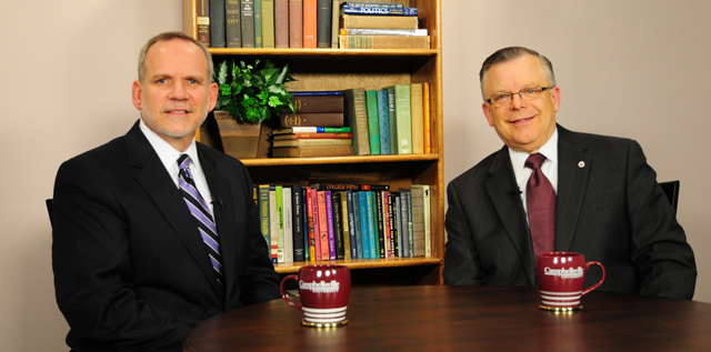 Campbellsville University’s John Chowning, vice president for church and external relations and executive assistant to the president of CU, right, interviewed Dr. Wayne Barnard, director of student ministries with the International Justice Mission, on Campbellsville University’s WLCU’s show “Dialogue on Public Issues.” The show will air Sunday, May 8 at 8 a.m.; Monday, May 9 at 1:30 p.m. and 6:30 p.m. and Wednesday, May 11 at 1:30 p.m. and 7 p.m. The show is aired on Comcast Cable Channel 10. (Campbellsville University Photo by Piao Yu)