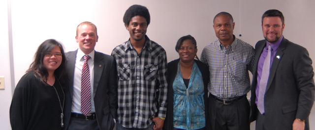 Pastor Ruperto Vincente, president of the Belize Baptist Association, second from right, was a visitor to Campbellsville University recently. He was with his wife Madona and his son, beside Mrs. Vincente, R Lee Martin Vincente, who graduated from CU in May. From left are Elaine Tan, international activities assistant; Chris Sanders, assistant dean of international education, and at far right Dr. DeWayne Frazier, dean of CU’s graduate and professional studies, associate vice president for academic affairs and associate professor of political science. (Campbellsville University Photo by Elaine Tan)