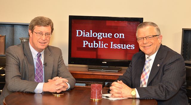 Dr. John Chowning, vice president for church and external relations and executive assistant to the president of Campbellsville University, right, interviews Ben Chandler, executive director of the Kentucky Humanities Council Inc., for his “Dialogue on Public Issues” show.