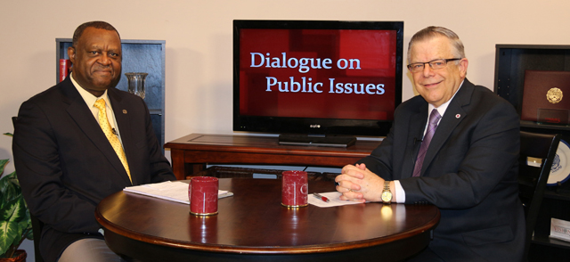 Dr. John Chowning, vice president for church and external relations and executive assistant to the president of Campbellsville University, right, interviews Dr. Neville Callam, general secretary/chief executive officer of the Baptist World Alliance in Falls Church, Va., for his “Dialogue on Public Issues” show. 