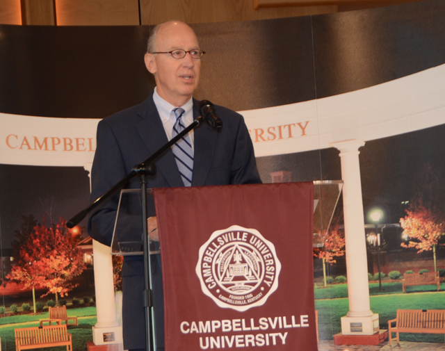 Bill Goodman, host of "Kentucky Tonight" and "One to One" on Kentucky Educational Television addressed teachers on "What is a teacher for?" at the 28th annual CU Excellence in Teaching Awards Ceremony May 10. (Campbellsville University Photo by Linda Waggener)