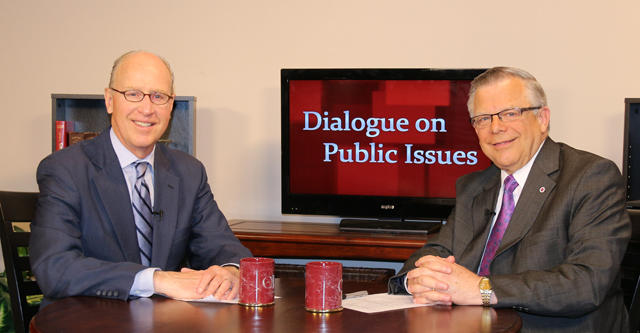 Dr. John Chowning, vice president for church and external relations and executive assistant to the president of Campbellsville University, right, interviews Bill Goodman, host and managing editor of the Emmy Award-winning public affairs series “Kentucky Tonight” on Kentucky Educational Television (KET) in Lexington, Ky., for his “Dialogue on Public Issues” show.