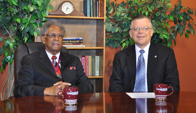 Dr. Lincoln Bingham, left, senior pastor at St. Paul Baptist Church at Shively Heights, Louisville, Ky., is interviewed by John Chowning, vice president for church and external relations and executive assistant to the president at Campbellsville University, on Chowning’s “Dialogue on Public Issues” show. The show will be aired on CU’s WLCU TV-4, Comcast Cable Channel 10, at 8 a.m. Sunday, Oct. 11; 1:30 p.m. and 6:30 p.m. Monday, Oct. 12, and 1:30 p.m. and 7 p.m. Wednesday, Oct. 14. (Campbellsville University Photo by Bayarmagnai “Max” Nergui)