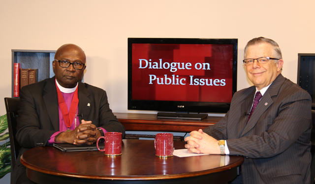 Dr. John Chowning, vice president for church and external relations and executive assistant to the president of Campbellsville University, right, interviews Bishop Charles J. King Jr.,  eleventh district of the Christian Methodist Episcopal Church, for his “Dialogue on Public  Issues” show. 