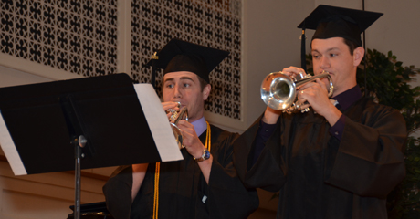 Blake Herron of Campbellsville, Ky., left, and Damon King of  Bardstown, Ky., play a song to remember the School of Education  department by. (Campbellsville University Photo by Joan C.  McKinney)