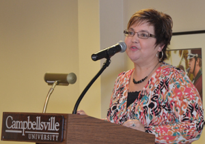 Susan Blevins, assistant professor of education at CU, talked about leaving a legacy to the  scholars. (Campbellsville University Photo by Joan C. McKinney)
