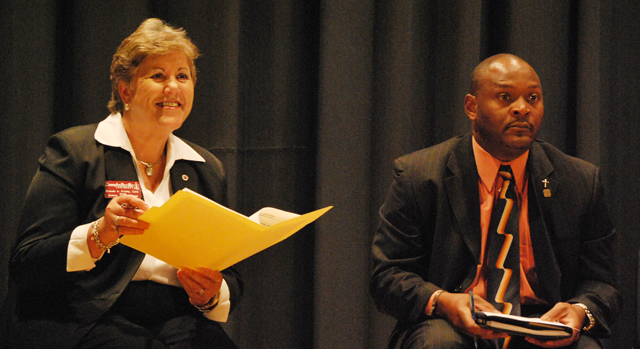 Donald Smith, right, superintendent of the Marion County School System, was among the speakers  at the recent Future Educators Association (FEA) conference recently at CU. At left is Dr. Brenda  Priddy, dean of the College of Education. (Campbellsville University Photo by Munkh-Amgalan Galsanjamts)