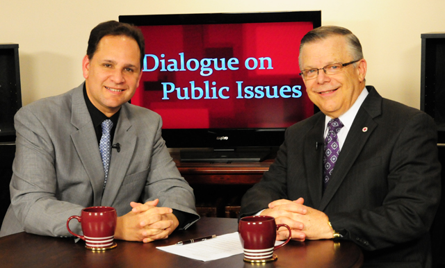 Campbellsville University’s John Chowning, vice president for church and external relations and executive assistant to the president of CU, right, interviews David Brody, Emmy-winning chief political correspondent for the Christian Broadcasting Network, on WLCU TV for the “Dialogue on Public Issues” show. Brody spoke at several events on the Campbellsville University campus. The show will air Sunday, April 8 at 8 a.m.; Monday, April 9 at 1:30 p.m. and 6:30 p.m.; Tuesday, April 10 at 1:30 p.m. and 6:30 p.m.; Wednesday, April 11 at 1:30 p.m. and 6:30 p.m.; Thursday, April 12 at 8 p.m.; and Friday, April 13 at 8 p.m. The show is aired on Campbellsville’s cable channel 10 and is also aired on WLCU FM 88.7 at 8 a.m. Sunday, April 8. (Campbellsville University Photo by Matt Schmuck)