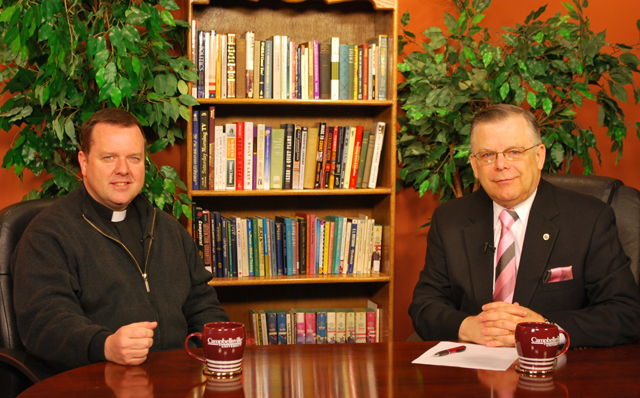 Campbellsville University’s WLCU TV-4 will air a “Dialogue on Public Issues” show with Father Jim Bromwich, pastor of Our Lady of Perpetual Help Catholic Church, left, who is interviewed by John Chowning, vice president for church and external relations and executive assistant to the president, during the taping.  The show will air on WLCU TV-4, Comcast Cable Channel 10, Sunday, March 21 at 8 a.m.; Monday, March 22, at 1:30 p.m. and 6:30 p.m.; and Wednesday, March 22, at 1:30 p.m. and 7 p.m. (Campbellsville University Photo by Munkh-Amgalan Galsanjamts)