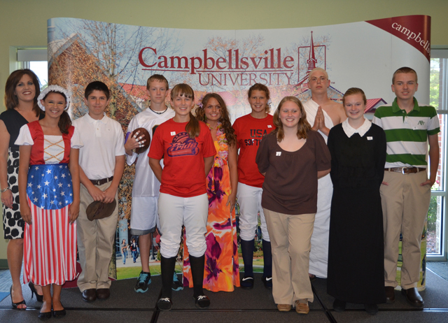 Campbellsville University Middle School Leadership met at Campbellsville University for their annual banquet May 10. Students from Campbellsville Middle School, along with Green County and Taylor County, dressed as their favorite person for the banquet. Students from left include: front row -- Brooklyn Harris (Betsy Ross), Heather Bailey (Jenny Finch), Brooke Harris (Sacajawea), and Kathryn Doss (Susan B. Anthony). Back row -- Angie Russell, sponsor, who is gifted and talented coordinator for Campbellsville Independent Schools; Jake Despain (Babe Ruth), Alex Bailey (Drew Brees), Kenzie Murrell (Princess Kaiulani), Keena Angel (Jessica Mendoza), Austin Hash (Mahatma Ghandi) and Andy Sabo (Harry Houdini). Campbellsville University’s College of Arts and Sciences works with the schools and their leadership program. (Campbellsville University Photo by Joan C. McKinney)