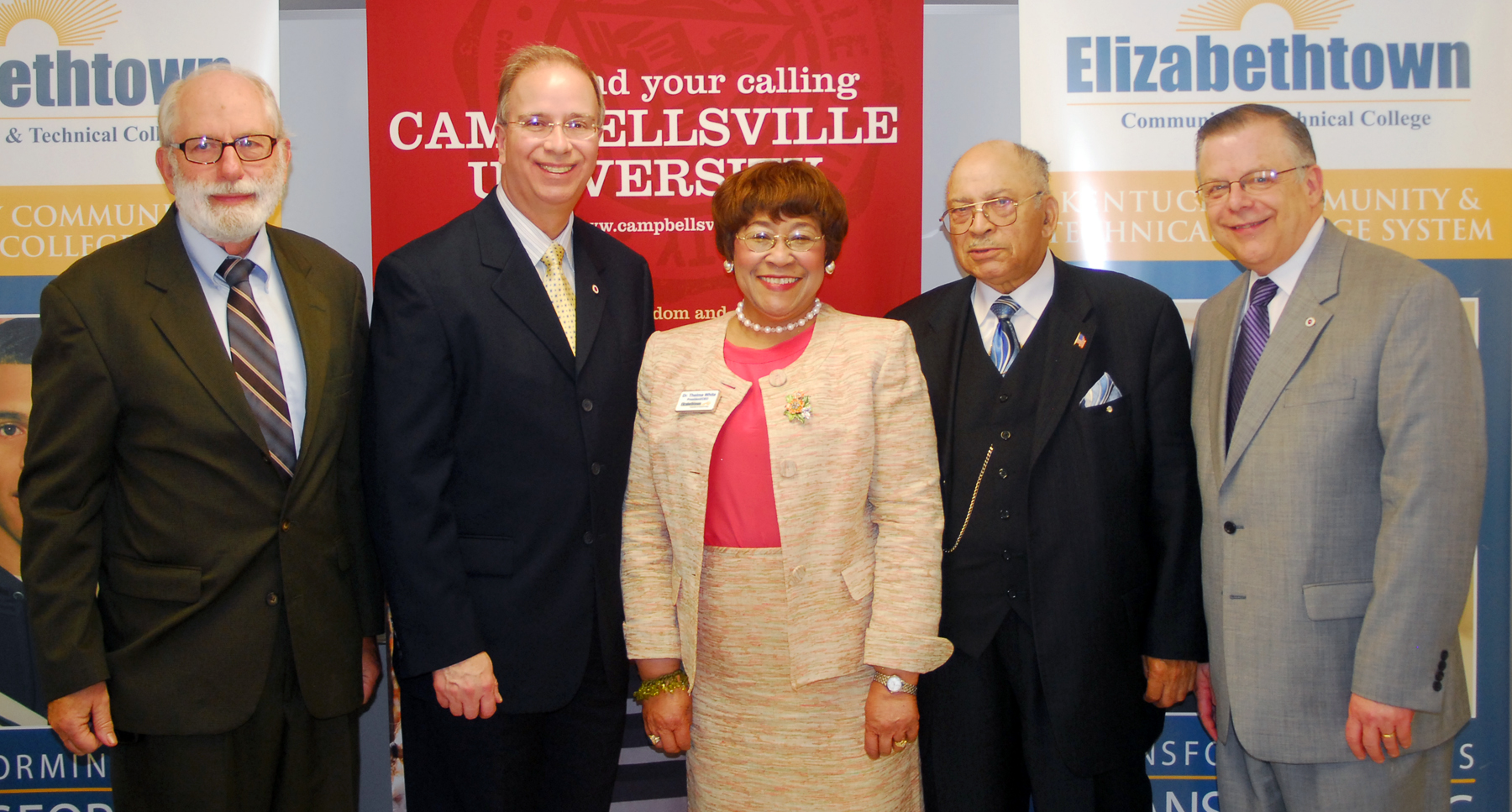 Dan Flanagan, at left, a member of Kentucky’s Council on Postsecondary Education, Dr. Michael V. Carter, president of CU, Dr. Thelma White, president and chief executive officer of ECTC, the Rev. Dr. B.T. Bishop, pastor of First Baptist Church in Elizabethtown, and the Rev. John Chowning, vice president for church and external relations and executive assistant to the president at CU, were on hand to show support for the educational partnership. (Campbellsville University photo by Joan C. McKinney)