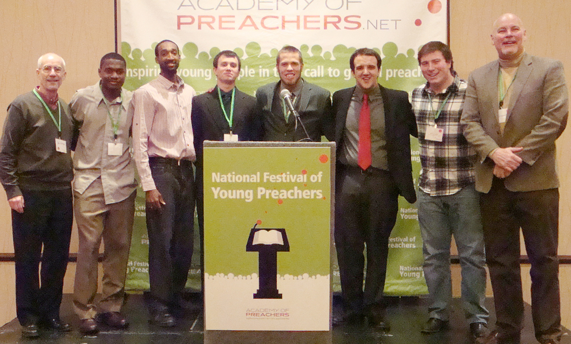 Representing Campbellsville University at the 2014 National Festival of Young Preachers in Indianapolis, Ind., were, from left -- Dr. John Hurtgen, dean of the School of Theology); Yves Jean Baptiste; Andre Morton, CU alumnus; Noah Blackburn; Aron Neal; Mitchell Monroe; Rick Raley; and Dr. Scott Wigginton, professor of pastoral ministries and counseling. (Photo submitted by Dr. Wigginton)