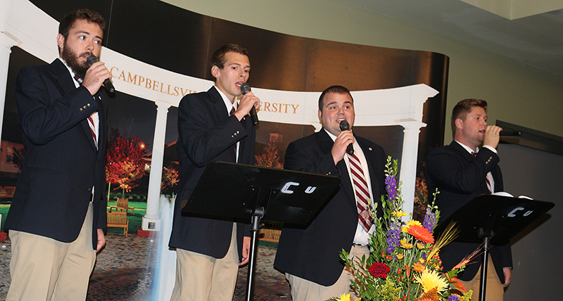 CU Sound performing during the President’s Club Dinner. From left, Blake Whitlock of Hodgenville, Ky.; Jeremy Bell of Harlan, Ky.; Jericho McCoy of Campbellsville, Ky., and Andrew Butler of Vine Grove, Ky. (Campbellsville University Photo by Drew Tucker)