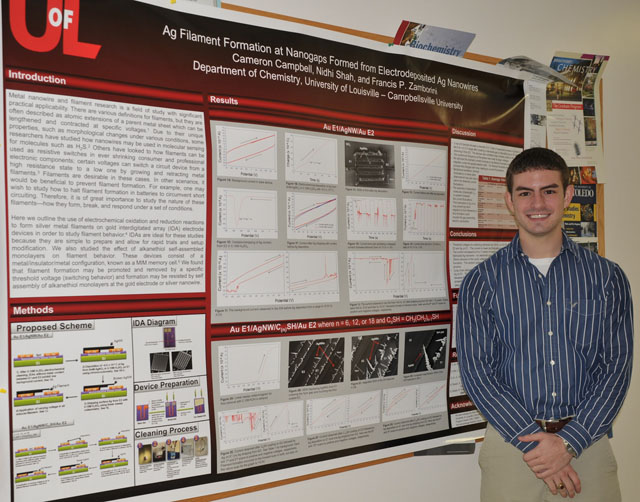 Campbellsville University senior Cameron Campbell won the 2012 Kentucky Academy of Science (KAS) poster competition with his presentation, “Silver Filament Formation at Nanogaps Formed from Electrodeposited Silver Nanowires.” The competition included students from EKU, WKU, NKU, Berea College, Centre College and many other schools. Campbell did the project at the University of Louisville over the summer under the direction of Dr. Francis Zamborini, alongside graduate student Nidhi Shah and with encouragement from CU faculty member Dr. Chris Mullins, assistant professor of chemistry. (Campbellsville University Photo by Linda Waggener)