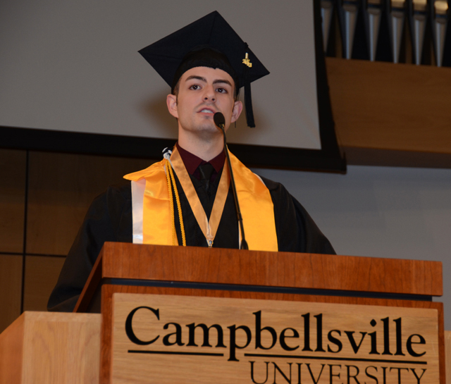    Cameron Michael Campbell speaks at Campbellsville University’s commencement. (Campbellsville University Photo by Linda Waggener)