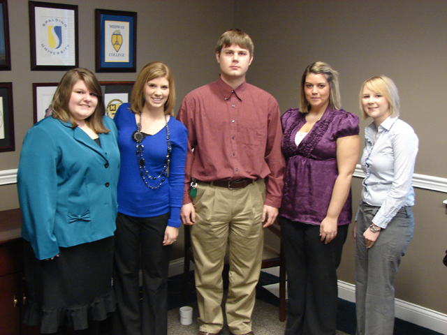Campbellsville University seniors pose together before reporting to their assignments in state government agencies through the Association of Independent Kentucky Colleges and Universities (AIKCU) intern program. From left are: Laura Johnson of Rockport, Texas; Alison Medders of Campbellsville, Ky.; Ethan Henderson of Campbellsville, Ky.; Robin Hopkins of Glasgow, Ky.; and Bailey Schrupp of Radcliff, Ky.