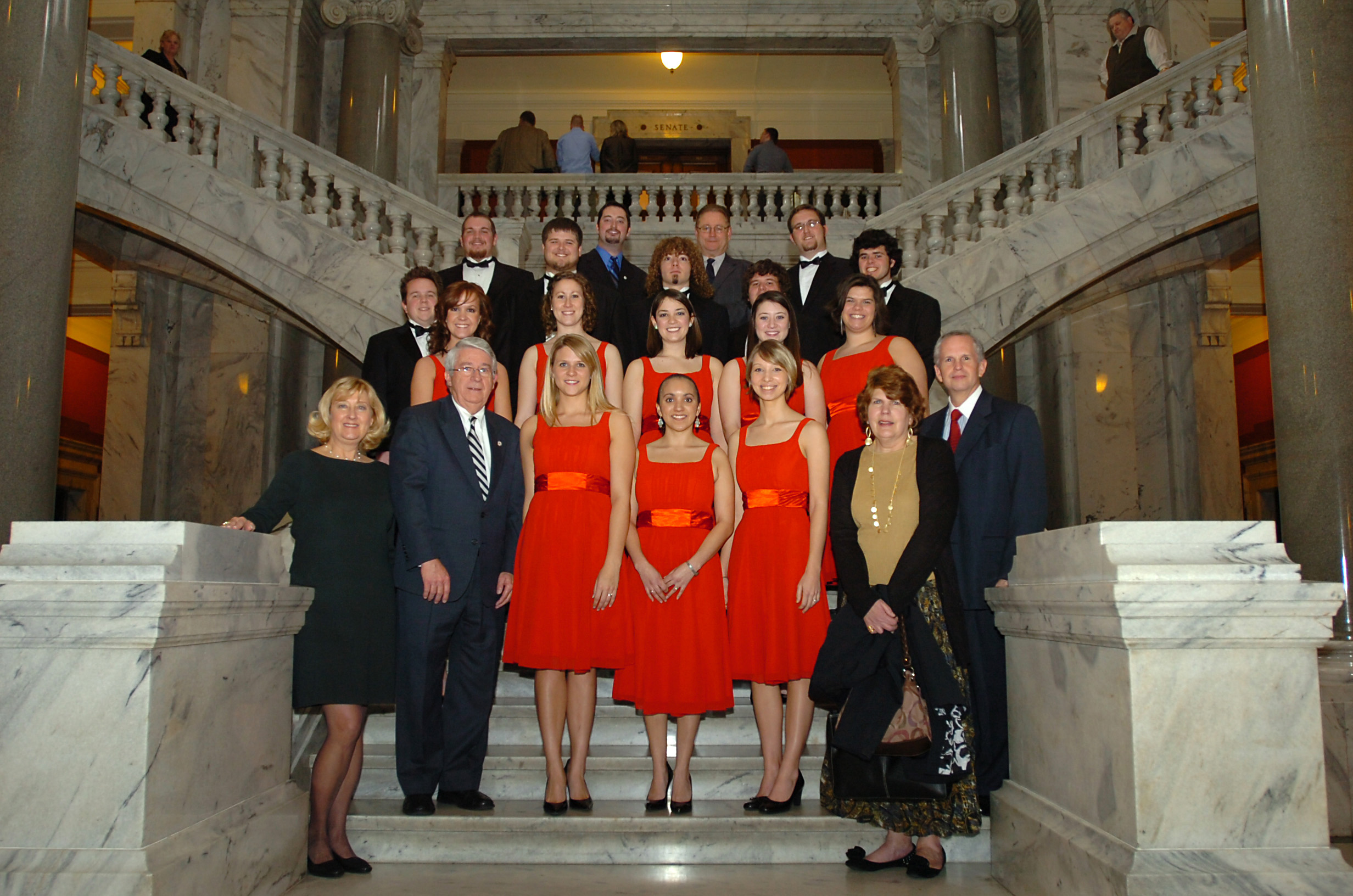 Members of the Campbellsville University Chamber Choir are pictured, in the front row, from left: Dr. Frieda Gebert, associate professor of music at CU, Dr. Ken Winters, president emeritus of Campbellsville University and Kentucky Senator (R) Senate District 1, Megan Massey, MaryGrace Lee, Dana Eberhard, Pam Tennant, and Otto Tennant, vice president for finance and administration at CU. Second row: Cole Torbert, Chanelle Gardner, Sarah Smith, Carmen Drake, Erin Johnson and Rebecca Oliver. Back row: Chris Williams, Allen Brooks, Matt Hodge, Ky. Sen. Jimmy Higdon, (R) District 14; Jonathan McCoy and Tim Howe.