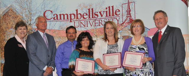 Campbellsville Independent School System teachers receive Campbellsville University Excellence in Teaching Awards from Dr. Brenda Priddy, dean of the School of Education, far left, and Dr. Frank Cheatham, vice president for academic affairs, far right. From left are: Mike Deaton, superintendent; Ricky Hunt, Campbellsville Elementary School principal; Cheryl Dicken of Campbellsville High School; Katie Irene Campbell of Campbellsville Middle School and Lynne A. Horn of Campbellsville Elementary School. (Campbellsville University Photo by Christina Kern)