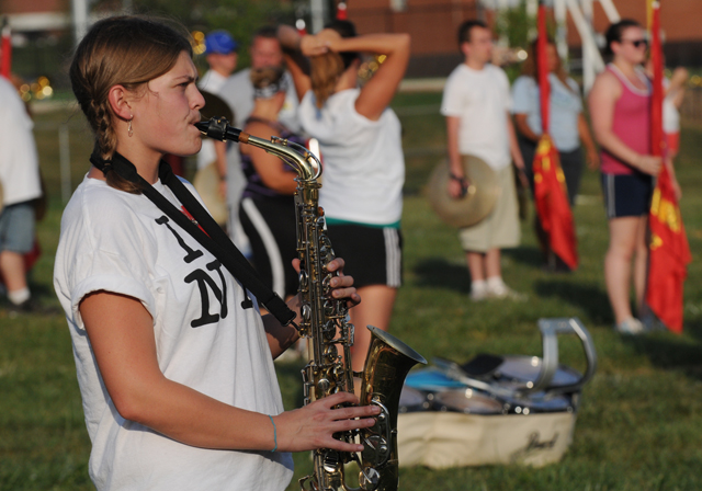 Carolyn Bedford of Lawrenceburg, Ky. warms up on the saxophone. (Campbellsville University Photo by Richard RoBards)