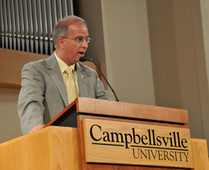 Dr. Michael V. Carter, president, acknowledges the new freshman class at a Service of Dedication for the Class of 2016. (Campbellsville University Photo by Christina L. Kern)