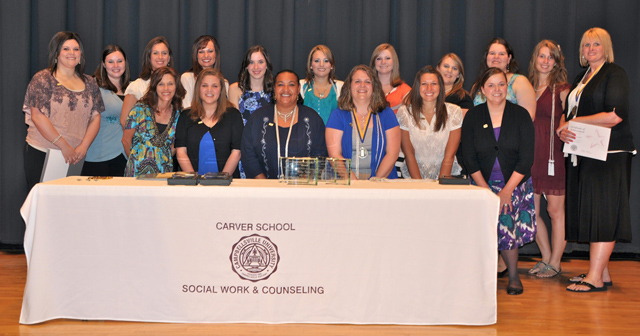 Bachelor of Social Work graduates were recognized in the annual Carver School of Social Work and Counseling pinning ceremony. In the back row, from left, are: Hannah Sapp, Sherry Summers, Jessica Oliver, Jennifer Morgan, Hayley Tucker, Brandi Marsh, Sarah Hayes, Lindsay Harris, Mary Buis, Olivia Brainard and Amanda Kargas. In front from left are: Diann Paxton, Ashley Mulder, Mary Hislope, Ginger Gibson, Megan Miller and Jordan Atwell. (Campbellsville University Photo by Linda Waggener)