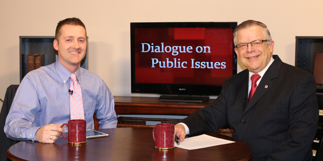 Dr. John Chowning, vice president for church and external relations and executive assistant to the president of Campbellsville University, right, interviews Chad Shively, property valuation  administrator for Taylor County, for his “Dialogue on Public Issues” show. 