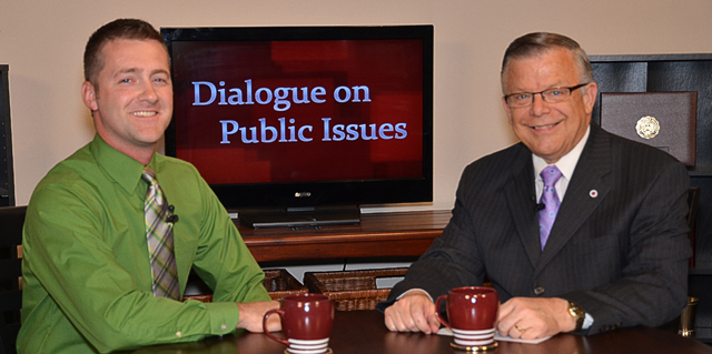 Campbellsville University’s John Chowning, vice president for church and external relations and  executive assistant to the president of CU, right, interviews Chad Shively, Taylor County’s property  valuation administrator, for his “Dialogue on Public Issues” show.
